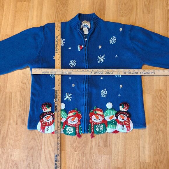 Tiara International Cardigan Sweater Womens Medium Blue Christmas Snowmen Ugly - Picture 3 of 8